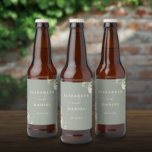 Elegant Sage Green Floral Greenery Wedding Beer Bottle Label