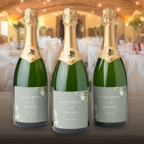 Elegant Sage Green Floral Greenery Wedding Sparkling Wine Label