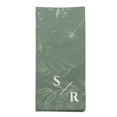 Elegant Sage Green Floral Line Art Wedding Cloth Napkin