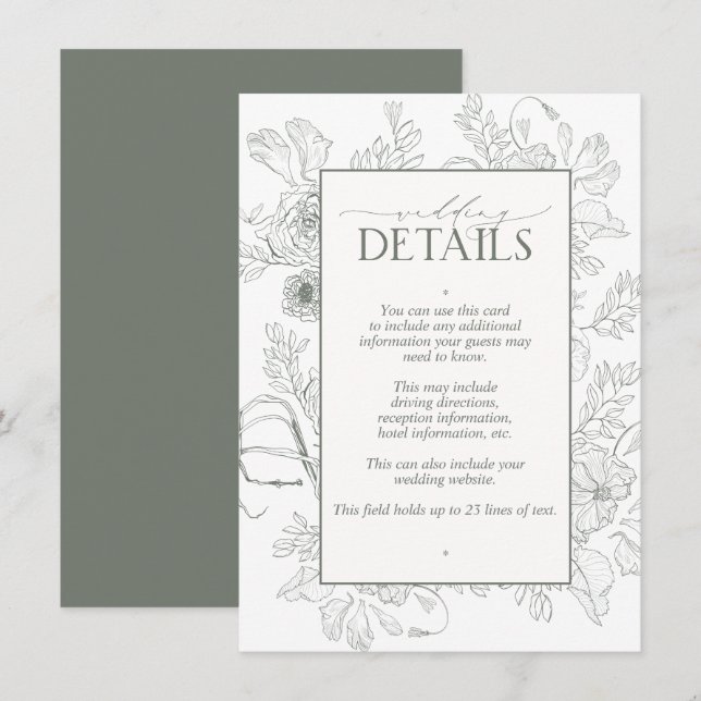 Elegant Sage Green Floral Line Art Wedding Details Enclosure Card (Front/Back)