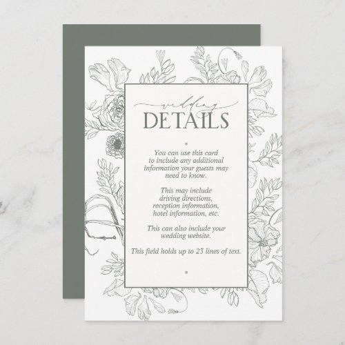 Elegant Sage Green Floral Line Art Wedding Details Enclosure Card
