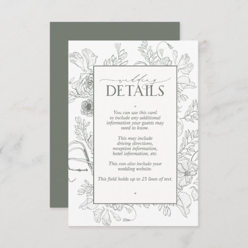 Elegant Sage Green Floral Line Art Wedding Details Enclosure Card