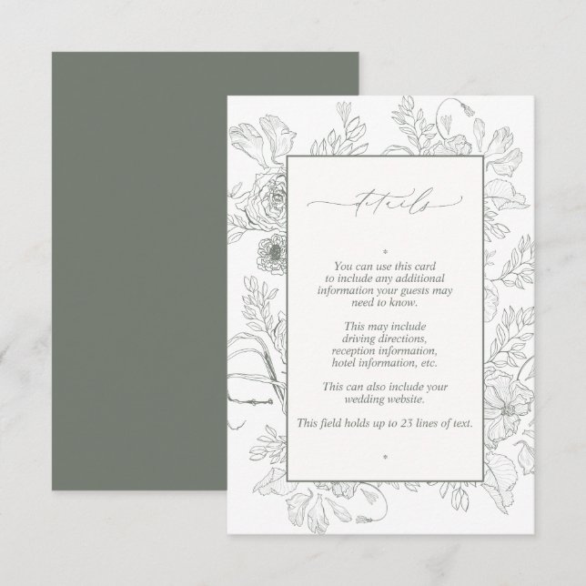 Elegant Sage Green Floral Line Art Wedding Details Enclosure Card (Front/Back)
