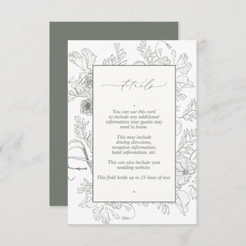 Elegant Sage Green Floral Line Art Wedding Details Enclosure Card