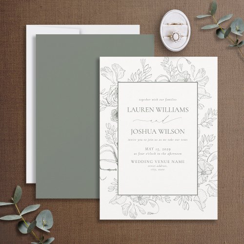 Elegant Sage Green Floral Line Art Wedding Invitation