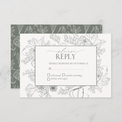Elegant Sage Green Floral Line Art Wedding RSVP Card