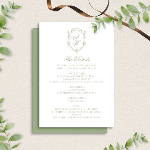 Elegant Sage Green Floral Monogram Crest Wedding Enclosure Card