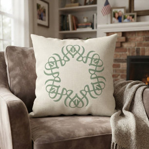 Elegant Sage Green Floral Monogram Family Round Pillow