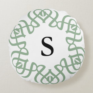 Elegant Sage Green Floral Monogram Family Round Pillow