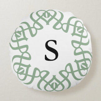 Elegant Sage Green Floral Monogram Family Round Pillow