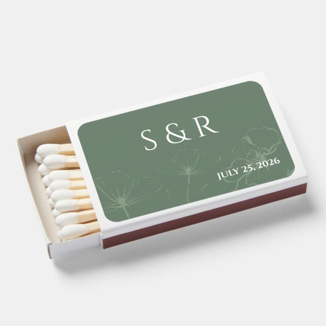 Elegant Sage Green Floral Monogram Wedding Matchboxes (Front Open)