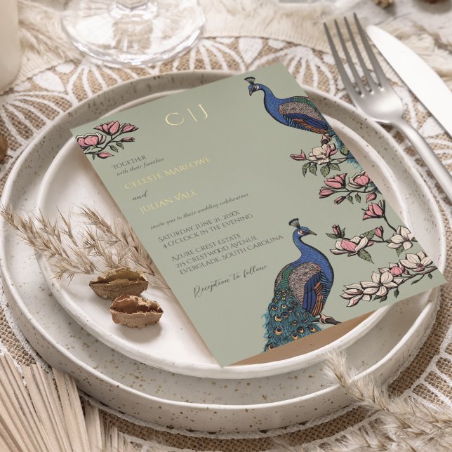 Elegant Sage Green Floral Peacock Wedding Foil Invitation (Real Gold Foil Elegant Rustic Peacock on Magnolia Tree. Hand-Drawn Modern Chinoiserie in Sage Green)
