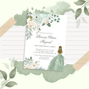 Elegant Sage Green Floral Princess Birthday Invitation