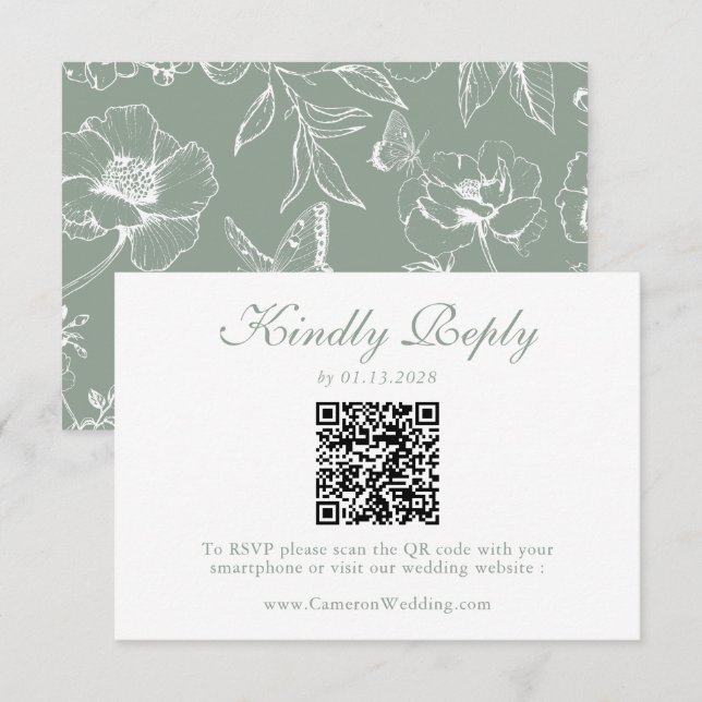 Elegant Sage Green Floral QR Code Wedding RSVP  (Front/Back)