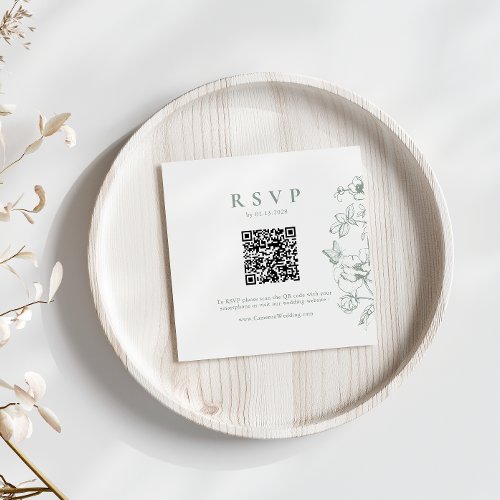 Elegant Sage Green Floral QR Code Wedding RSVP Enclosure Card