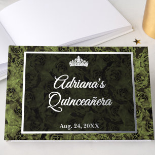 Elegant Sage Green Floral Quinceanera Silver Foil Guest Book