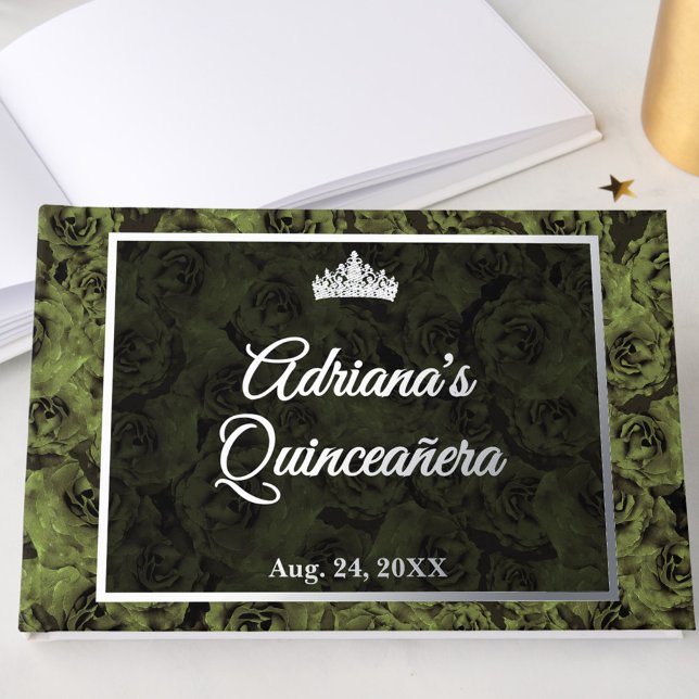 Elegant Sage Green Floral Quinceanera Silver Foil Guest Book (Creator Uploaded)