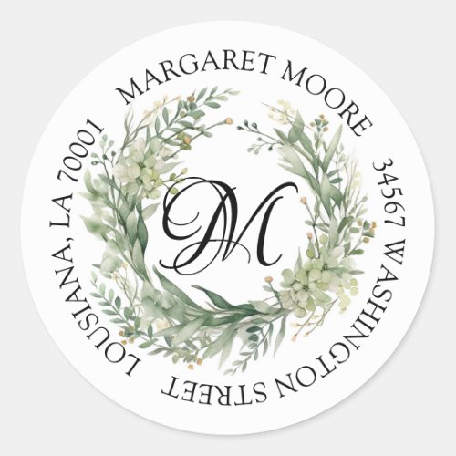 Elegant Sage Green Floral Script Monogram Address Classic Round Sticker