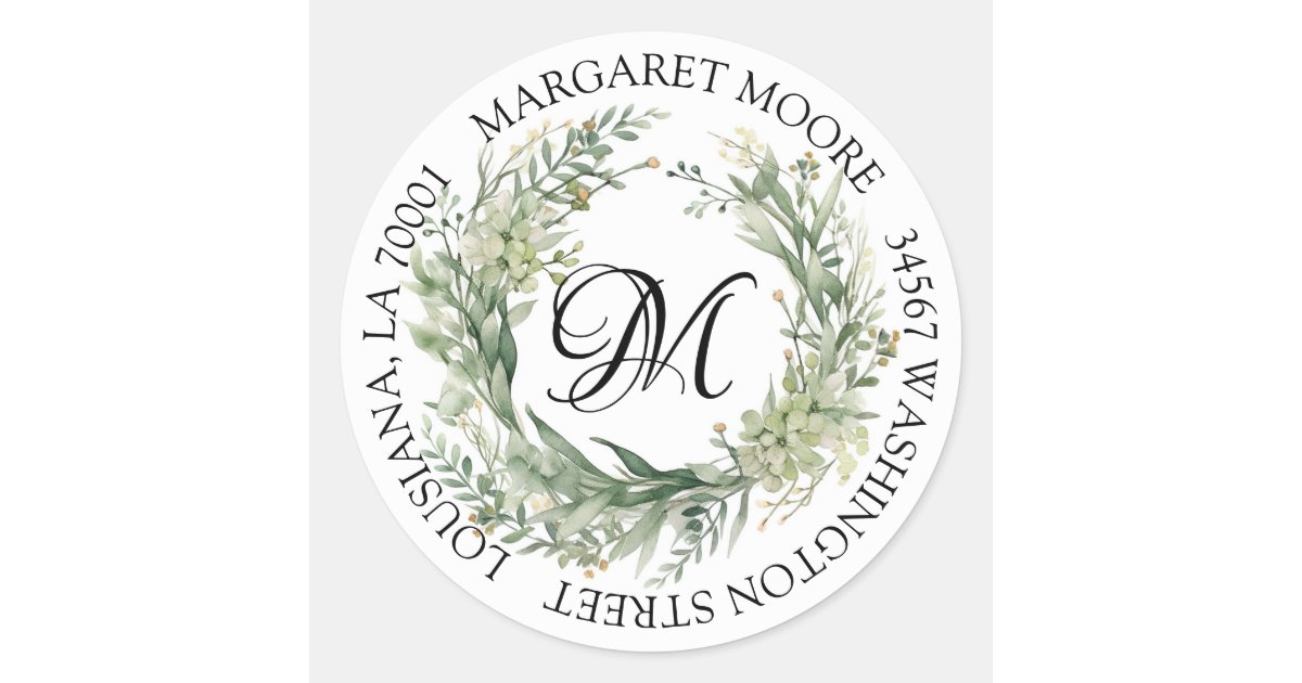 Elegant Sage Green Floral Script Monogram Address Classic Round Sticker ...