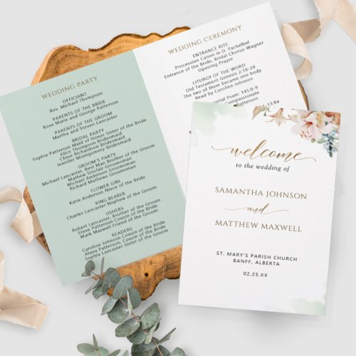 Elegant Sage Green Floral Wedding Ceremony Program