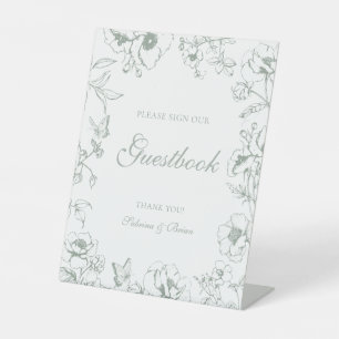 Elegant Sage Green Floral Wedding Guestbook Pedestal Sign