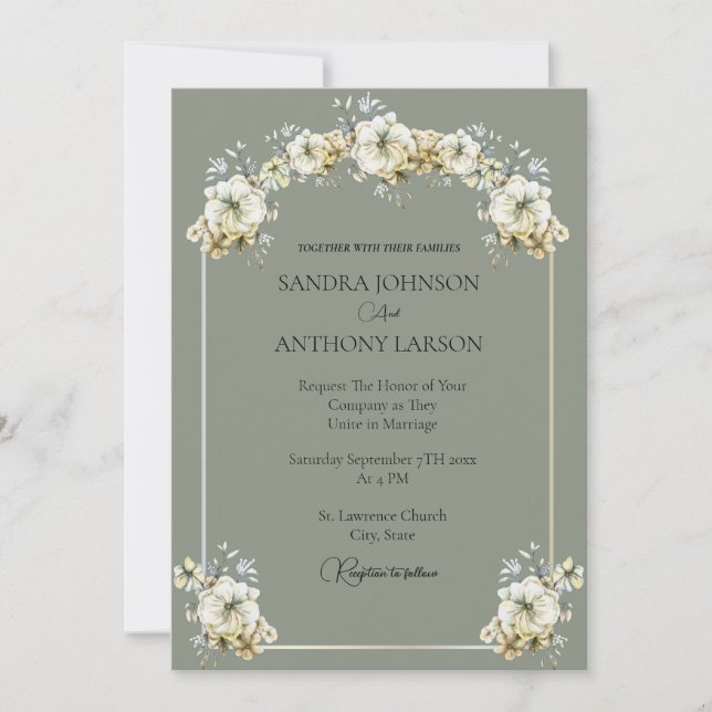 Elegant Sage Green Floral Wedding Invitation (Front)