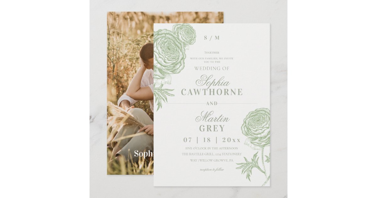 Elegant Sage Green Floral Wedding Invitation | Zazzle