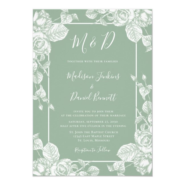 Elegant Sage Green Floral Wedding Invitation