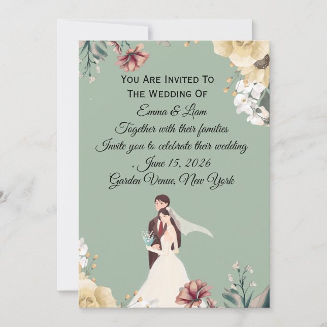 Elegant Sage Green Floral Wedding Invitation Templ (Front)