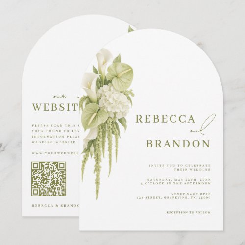 Elegant Sage Green Floral White Arch Wedding Invitation