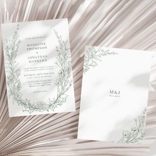 Elegant Sage Green Floral Wreath Monogram Wedding Invitation