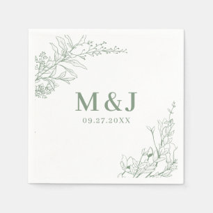 Elegant Sage Green Floral Wreath Monogram Wedding Napkins