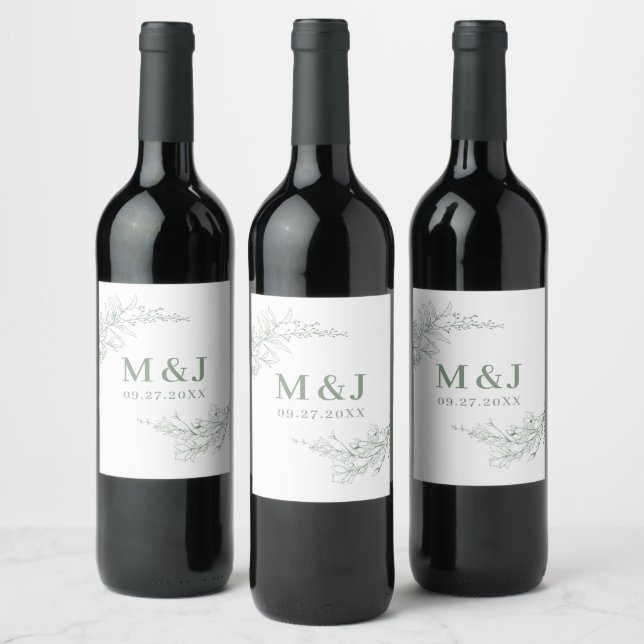Elegant Sage Green Floral Wreath Monogram Wedding Wine Label (Bottles)