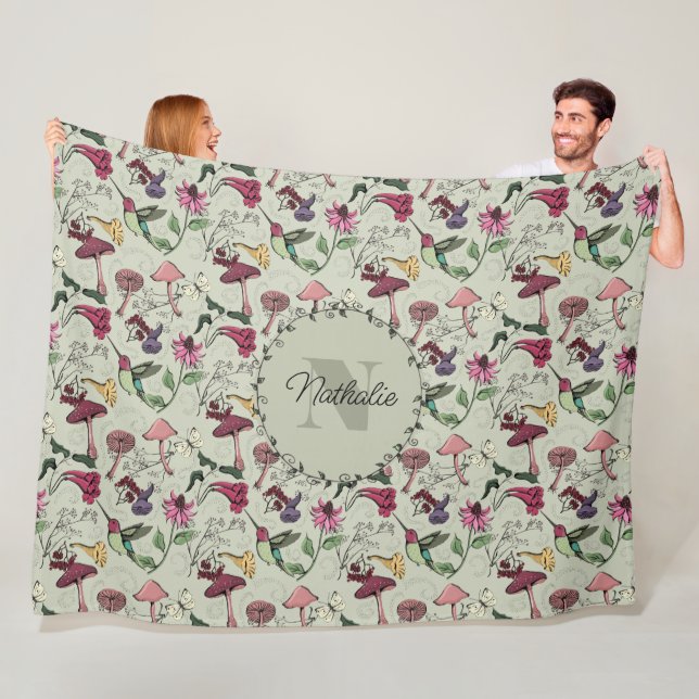 Elegant Sage Green Flowers & Hummingbird Monogram Fleece Blanket (In Situ)