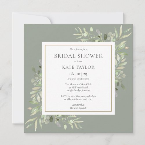 Elegant Sage Green Foliage Wedding Bridal Shower Invitation - Featuring delicate watercolor leaves on a sage green background, this chic bridal shower invitation can be personalized with your special bridal shower details. Designed by Thisisnotme©