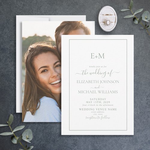 Elegant Sage Green Formal Monogram Photo Wedding Invitation