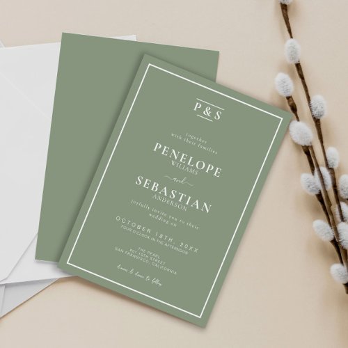 Elegant Sage Green Formal Monogram Wedding  Invitation
