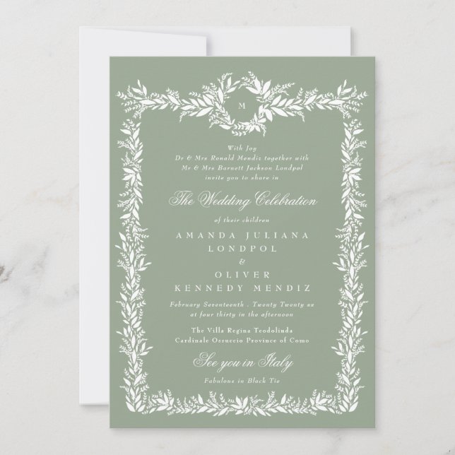 elegant sage green frame monogram photo wedding invitation (Front)