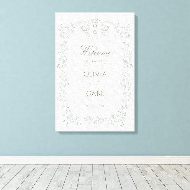 Elegant Sage Green French Floral Wedding Sign (Insitu(Wood Floor))