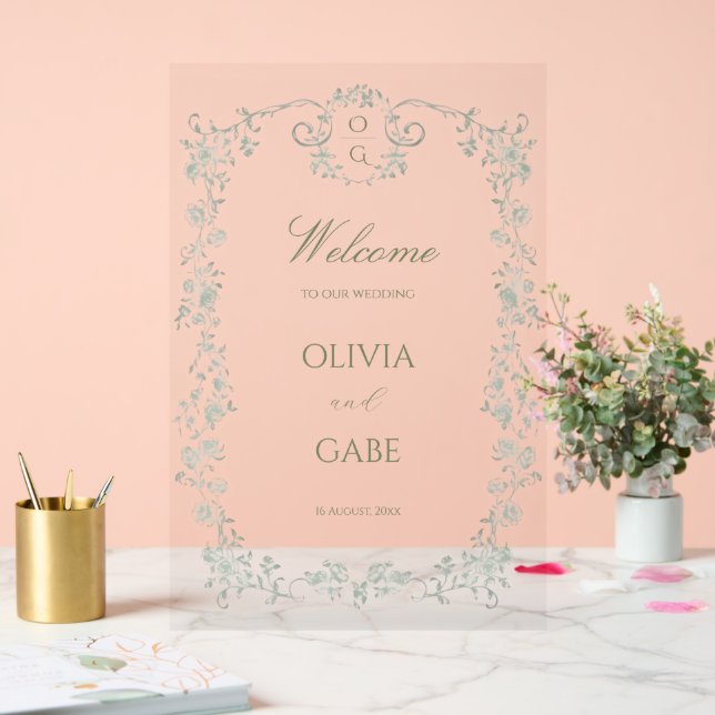 Elegant Sage Green French Floral Wedding Sign (Wedding)