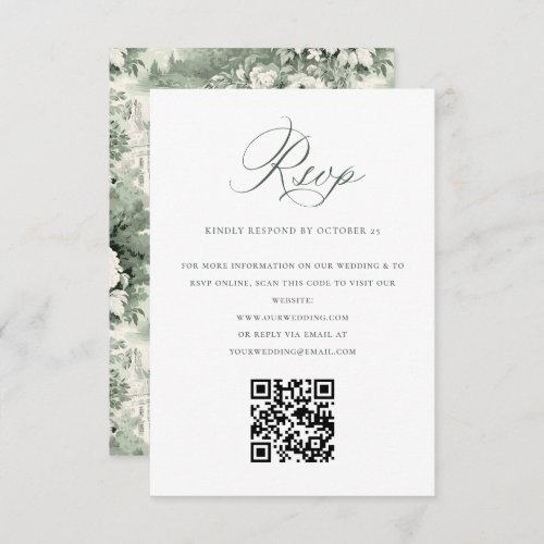 Elegant Sage Green French Garden QR code Wedding RSVP Card