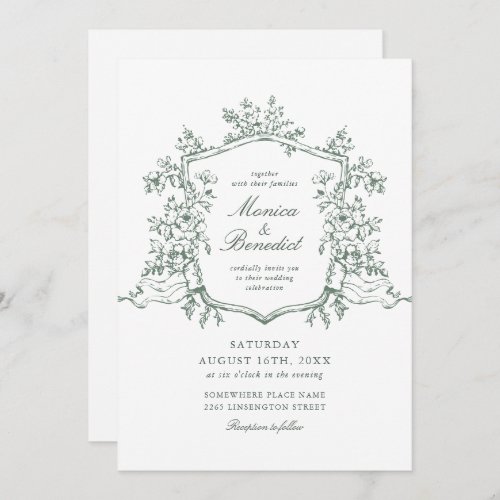 Elegant Sage Green French Roses Garden Wedding Invitation