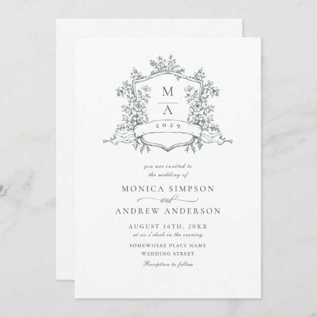 Elegant Sage Green French Roses Garden Wedding Invitation (Front/Back)