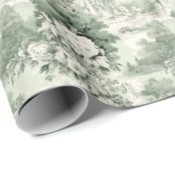 Elegant Sage Green French Roses Toile Floral Wrapping Paper | Zazzle