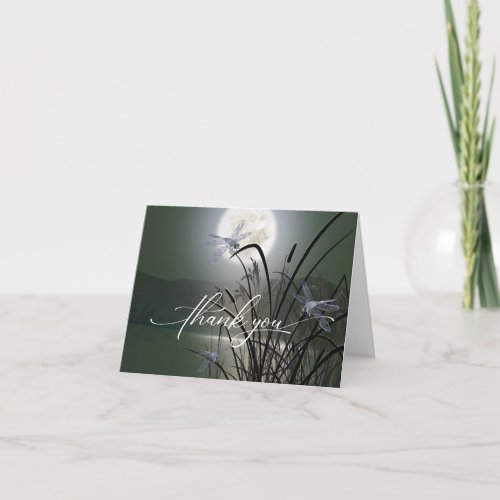 Elegant Sage Green Full Moon Dragonfly Pond Thank You Card