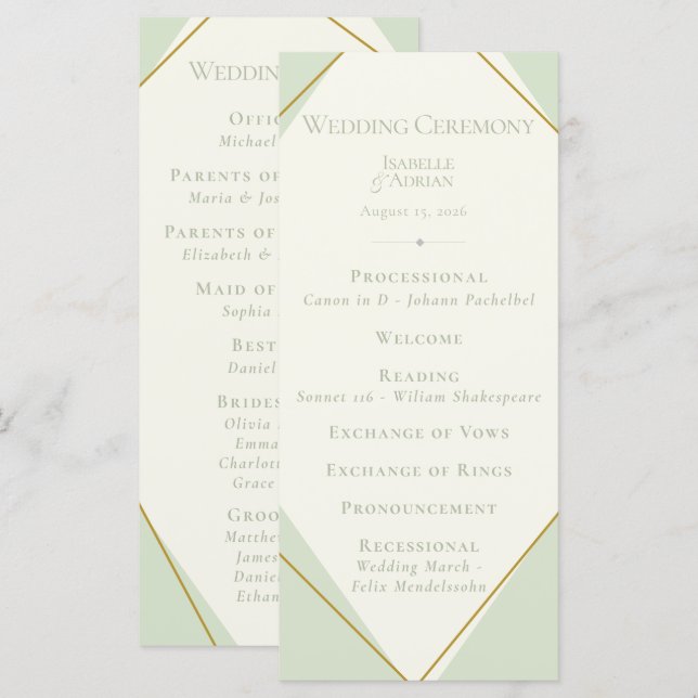 Elegant Sage Green Geometric Wedding Program (Front/Back)