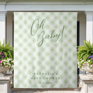 Elegant Sage Green Gingham Baby Shower Backdrop