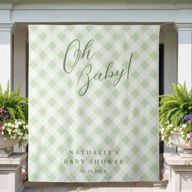 Elegant Sage Green Gingham Baby Shower Backdrop (Creator Uploaded)