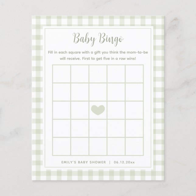 Elegant Sage Green Gingham Baby Shower Bingo Game (Front)