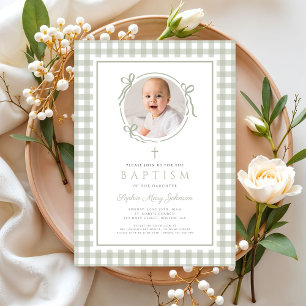 Elegant Sage Green Gingham Bow Photo Girl Baptism Invitation